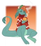  anthro clothing cocoa_(drink) ear_piercing ear_ring female fizzy-dog green_body hair hi_res loch_ness_monster nessie_(disney) orange_hair piercing red_clothing ring_piercing solo 