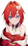  1girl ange_katrina bare_shoulders blue_eyes bow closed_mouth crossed_bangs hair_bow hair_intakes jacket jewelry looking_at_viewer medium_hair necklace nijisanji off_shoulder red_hair red_jacket shirt solo sukuna136 upper_body white_shirt 