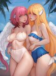  2girls angel_wings arm_behind_back astraea_(sora_no_otoshimono) bare_shoulders beach bikini bikini_pull blonde_hair blue_bikini breasts clothes_pull cowboy_shot frilled_bikini frills green_eyes hair_ribbon head_wings high-waist_bikini highres ikaros kayav large_breasts long_hair looking_at_another multicolored_bikini multicolored_clothes multiple_girls navel ocean palm_tree patreon_username pulled_by_another red_eyes ribbon robot_ears sky sora_no_otoshimono strapless strapless_bikini swimsuit thighs tree twintails very_long_hair white_bikini white_ribbon white_wings wings yuri 