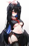  1girl absurdres black_hair black_wings blue_archive blush breasts choker cosplay halo hasumi_(blue_archive) highres koahri large_breasts long_hair looking_at_viewer mole mole_under_eye red_eyes solo wings 
