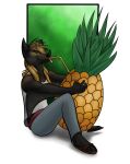  anthro bat border clothed clothing drinking drinking_straw duster_(artist) food fruit male mammal pineapple plant scout_(bat) solo white_border 
