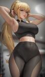  1girl armpits arms_up black_pants black_shirt blonde_hair blurry blurry_background breasts cowboy_shot crop_top darkness_(konosuba) grey_eyes hair_ornament indoors kono_subarashii_sekai_ni_shukufuku_wo! large_breasts leggings long_hair looking_at_viewer meekohopanes midriff pants parted_lips ponytail shirt sidelocks sleeveless sleeveless_shirt solo standing thighs very_long_hair x_hair_ornament 