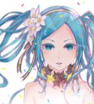  1girl aqua_hair bare_shoulders blue_eyes braid choker confetti flower hair_flower hair_ornament hair_ribbon hatsune_miku long_hair looking_at_viewer monq parted_lips ribbon side_braids simple_background star_(symbol) star_choker twin_braids vocaloid white_background white_flower 