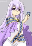  1girl cape card circlet dress fire_emblem fire_emblem:_genealogy_of_the_holy_war holding holding_card jewelry julia_(fire_emblem) long_sleeves purple_cape purple_eyes purple_hair sash simple_background solo yukia_(firstaid0) 