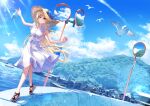  1girl absurdres bird blonde_hair blue_sky bottle dress hat highres idolmaster idolmaster_cinderella_girls kurosaki_chitose long_hair rainbow red_eyes ribbon sandals seagull sky solo straw_hat sunlight traffic_mirror 