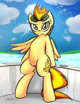  2016 absurd_res bipedal_feral bottomless clothed clothing cloud cutie_mark digital_drawing_(artwork) digital_media_(artwork) equid equine eyewear eyewear_on_head female feral friendship_is_magic full-length_portrait genitals hair hasbro hi_res jetwave leaning looking_at_viewer mammal my_little_pony nipples on_hind_legs orange_eyes outside pegasus poolside portrait pussy sky smile solo spitfire_(mlp) sunglasses sunglasses_on_head swimming_pool tail teats water wings wonderbolts_(mlp) yellow_body 