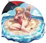  1girl azur_lane backless_swimsuit beach beach_umbrella breasts commission day frilled_one-piece_swimsuit frills hand_in_own_hair highres huge_breasts long_hair looking_at_viewer mad_kimo official_alternate_costume one-piece_swimsuit orange_hair outdoors pink_innertube pink_one-piece_swimsuit richelieu_(azur_lane) richelieu_(fleuron_of_the_waves)_(azur_lane) sand solo starfish summer swimsuit umbrella very_long_hair water 
