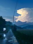  blue_sky cloud evening highres karanagi no_humans original outdoors power_lines puddle rice_paddy road scenery sky utility_pole vending_machine water 