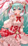  aqua_hair bangs bare_shoulders blue_eyes blurry blurry_background blush brooch buttons closed_mouth commentary detached_sleeves dress flower food frilled_dress frilled_hairband frilled_sleeves frills fruit gingham hair_between_eyes hair_flower hair_ornament hair_ribbon hairband harutoto hatsune_miku highres holding holding_food holding_fruit jewelry long_hair looking_at_viewer puffy_sleeves red_ribbon ribbon smile strawberry strawberry_miku_(morikura) symbol-only_commentary twintails very_long_hair vocaloid white_dress white_flower white_hairband white_sleeves window 