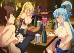  1boy 3girls alcohol aqua_(konosuba) beer beer_mug blonde_hair blue_eyes blue_hair bottle bra breasts card cleavage closed_eyes cup darkness_(konosuba) elbow_gloves feet_on_table gloves hat indoors kono_subarashii_sekai_ni_shukufuku_wo! large_breasts lindaroze long_hair megumin miniskirt mug multiple_girls narrowed_eyes navel playing_card ponytail revealing_clothes satou_kazuma sideboob single_hair_ring skirt sling_bikini_top smile smug strip_game strip_poker table tears underwear undressing very_long_hair witch_hat 