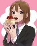  1girl bangs black_jacket blazer blue_ribbon brown_eyes brown_hair cake collared_shirt commentary_request food fruit hair_between_eyes hair_ornament hairclip highres hirasawa_yui holding holding_plate jacket k-on! long_sleeves looking_at_viewer mii311miyama neck_ribbon open_mouth pink_background plate ribbon sakuragaoka_high_school_uniform school_uniform shirt short_hair simple_background solo strawberry strawberry_shortcake teeth two-tone_background whipped_cream white_background white_shirt winter_uniform 