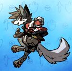  anthro bagelcollie black_hair bottomwear canid canine cargo_shorts clothed clothing elemental_creature elemental_humanoid firedog fur grey_body grey_fur hair heel_pad hi_res humanoid jacket jumping male mammal nintendo orange_eyes padded_palms pawpads paws pink_pawpads plantigrade pokeball pokemon razor_the_firedog shirt shorts stripes tail topwear zgf_gaming 