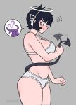  1girl absurdres angel azazel_(helltaker) blush bra ckatnha demon_tail grey_background halo helltaker highres holding_own_tail panties strap_gap tail tail_wagging underwear white_bra white_panties 