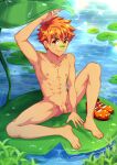  abs absurdres bandaid bandaid_on_face barefoot closed_mouth completely_nude flaccid full_body highres lens_flare lily_pad looking_at_viewer mikkoukun nipples nude orange_eyes orange_footwear orange_hair original outdoors penis rain shoes shoes_removed smile water water_drop 