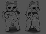  2023 anthro balls belly big_butt butt cross digital_media_(artwork) domestic_cat fangs felid feline felis front_view genitals grey_background half-closed_eyes hand_on_hip hi_res looking_at_viewer looking_back male mammal monochrome moobs narrowed_eyes nekoni nyanpire nyanpire_(character) obese obese_anthro obese_male overweight overweight_anthro overweight_male penis pose rear_view sharp_teeth simple_background solo standing tail teeth thick_thighs tongue vampire whiskers wings 