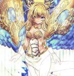  1girl blonde_hair blue_eyes blue_wings breasts cowboy_shot duel_monster feathered_wings hair_over_one_eye highres horns humanization jewelry long_hair medium_breasts necklace pelvic_curtain saffira_queen_of_dragons smile solo usuba-kagerou vambraces wings yu-gi-oh! 