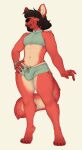  anthro black_hair blep bottomwear bracelet bulge claws clothed clothing crop_top digitigrade fur girly hair hand_on_hip hi_res hotpants hyena jewelry male mammal midriff nextel partially_clothed red_body red_fur shirt shorts simple_background solo toe_claws tongue tongue_out topwear white_background 