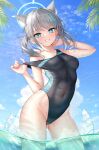  1girl animal_ear_fluff animal_ears ass_visible_through_thighs blue_archive blue_halo blue_sky breasts bright_pupils cloud competition_swimsuit contrapposto covered_navel day extra_ears grey_hair halo highleg highleg_swimsuit highres kep_(ahokep) medium_breasts mismatched_pupils ocean official_alternate_costume one-piece_swimsuit outdoors partially_submerged revision shiroko_(blue_archive) shiroko_(swimsuit)_(blue_archive) sky smile solo swimsuit thighs twintails wet white_pupils wolf_ears 