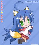  animal_humanoid blue_background blue_hair blush blush_stickers bottomwear canid canid_humanoid canine canine_humanoid character_name clothing female fox_humanoid hair hi_res humanoid konata_izumi mammal mammal_humanoid mole_under_eye red_bottomwear red_clothing red_skirt sailor_collar school_uniform simple_background skirt solo uniform 