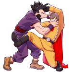 2boys absurdres android black_eyes black_gloves black_hair boots cape clenched_teeth colored_sclera dragon_ball dragon_ball_super dragon_ball_super_super_hero fighting gamma_1 gloves highres long_sleeves looking_at_another multiple_boys muscular muscular_male red_cape simple_background sleeveless son_gohan spiked_hair supobi sweatdrop teeth white_background yellow_sclera 