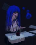  1girl absurdres black_skirt blood blue_hair bow crying crying_with_eyes_open dark e1ainma furude_rika hand_on_own_face highres higurashi_no_naku_koro_ni long_hair purple_eyes shirt simple_background skirt solo standing surprised suspender_skirt suspenders table tears white_shirt wide-eyed 