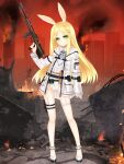  1girl animal_ears blonde_hair building closed_mouth copyright_request fire green_eyes grey_footwear grey_jacket gun hair_ornament hairclip highres holding holding_gun holding_weapon jacket leotard long_hair long_sleeves looking_at_viewer official_art open_clothes open_jacket outdoors parted_bangs rabbit_ears shikito shoes sleeves_past_wrists smoke solo very_long_hair weapon weapon_request white_leotard 