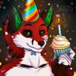  1:1 2018 andytakker anthro birthday birthday_candle birthday_hat black_ears black_nose black_sclera bust_portrait canid canine closed_smile confetti cupcake food fox fur green_eyes green_inner_ear holding_cupcake holding_food holding_object looking_at_viewer low_res male mammal mouth_closed portrait red_body red_fur solo victor_johansen 