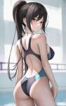  1girl arched_back ass back back_cutout bare_arms bare_shoulders black_hair black_one-piece_swimsuit blurry breasts clothing_cutout competition_swimsuit cowboy_shot depth_of_field from_behind high_ponytail highleg highleg_swimsuit highres idolmaster idolmaster_shiny_colors large_breasts long_hair looking_at_viewer looking_back marinesnow one-piece_swimsuit ponytail racerback shirase_sakuya solo standing swimsuit yellow_eyes 