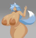  absurd_res animal_humanoid big_breasts blue_eyelashes blue_eyes blue_hair blue_tail breasts canid canid_humanoid canine canine_humanoid curvy_figure dark_body dark_skin duskyer eyelashes female gesture hair hair_over_eye hi_res huge_breasts humanoid looking_at_viewer mammal mammal_humanoid nipples nude one_eye_obstructed raised_tail smile solo tail thick_thighs v_sign voluptuous wide_hips wolf_humanoid 
