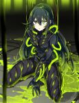  1girl black_eyes black_hair breasts character_request commentary_request copyright_request green_eyes hair_between_eyes heterochromia highres long_hair on_floor parted_lips shiki_(shikki46) sitting small_breasts solo suit tagme tube wariza 