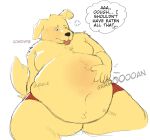  anthro arm_support belly belly_expansion big_belly bloated bodily_fluids canid canine canis clothed clothing cowdypie domestic_dog english_text expansion fur hand_on_stomach hi_res holding_belly male mammal moobs navel obese obese_anthro obese_male one_eye_closed overweight overweight_anthro overweight_male reclining rumbling_stomach simple_background solo sound_effects stuffing sweat sweatdrop text thought_bubble tongue tongue_out topless weight_gain white_background yellow_body yellow_fur 