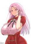  1girl armpit_cutout breasts clothing_cutout commentary_request cowboy_shot dated frilled_shirt frills gloves highres kantai_collection large_breasts long_hair luigi_di_savoia_duca_degli_abruzzi_(kancolle) military military_uniform one-hour_drawing_challenge pink_eyes pink_hair red_skirt shiromaru_(maniado) shirt simple_background skirt solo standing twitter_username uniform white_background white_gloves white_shirt 