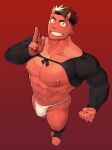  1boy abs bara biceps brown_hair colored_skin demon demon_boy demon_horns fundoshi highres horns japanese_clothes large_pectorals long_sleeves looking_at_viewer male_focus male_underwear manly mature_male muscular muscular_male naop_(anything) nipples no_pants no_shirt original pants pectorals pointy_ears red_background red_eyes red_skin simple_background smile solo spiked_hair teeth thick_arms thick_eyebrows thick_thighs thighs undercut underwear 