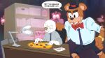  ambiguous_gender animatronic anthro bear bodily_fluids bow_tie clothing colored desk detailed_background dialogue drawfee duo english_text five_nights_at_freddy&#039;s food freddy_(fnaf) furniture hat headgear headwear hi_res karina_farek machine mammal necktie pizza robot scottgames speech_bubble sweat table text top_hat ych_(character) 