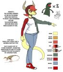  absurd_res anthro bottomwear breasts clothed clothing colored compsognathid compsognathus denim denim_clothing dinosaur fake_horns hair hi_res jeans model_sheet pants plantigrade reptile scalie schizo_chan_(snoot_game) shirt simple_background snoot_game standing tail theropod topwear unknown_artist 