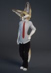  2023 anthro biped black_bottomwear black_clothing black_pants blue_eyes bottomwear canid canine claws clothing digital_media_(artwork) digitigrade fennec finger_claws fox fully_clothed_anthro fully_clothed_male fur grey_background hand_on_hip male mammal multicolored_body multicolored_fur necktie pants red_necktie ruaidri shirt simple_background solo standing tan_body tan_fur toe_claws topwear white_body white_clothing white_fur white_shirt white_topwear 