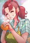  1girl aosora2823 apron artist_name bellemere cigarette closed_eyes collared_shirt food fruit green_apron green_shirt highres holding holding_food holding_fruit long_hair mandarin_orange mature_female one_piece orange_(fruit) ponytail red_hair shaved_head shirt short_sleeves smile smoking solo teeth upper_body watermark 