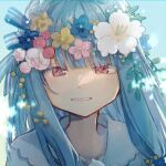  1girl absurdres blue_background blue_hair blue_ribbon blunt_bangs collarbone collared_shirt commentary floating_hair flower_request grin hair_ribbon half-closed_eyes head_wreath highres kotonoha_aoi light_blush light_particles long_hair looking_at_viewer portrait red_eyes ribbon sayonaka_megumo shirt sidelocks smile solo striped striped_ribbon voiceroid white_shirt 