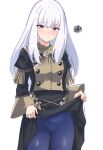  1girl absurdres ass_visible_through_thighs blush breasts brown_eyes cameltoe closed_mouth clothes_lift embarrassed fire_emblem fire_emblem:_three_houses garreg_mach_monastery_uniform highres latte lifted_by_self long_hair long_sleeves lysithea_von_ordelia pantyhose puffy_sleeves simple_background skirt skirt_lift small_breasts solo sweatdrop thighs uniform white_hair 