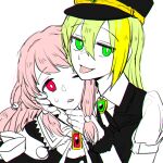  2girls alina_gray an_sin black_headwear black_necktie black_vest blonde_hair cross_tie detached_collar green_eyes green_hair hand_on_another&#039;s_cheek hand_on_another&#039;s_chin hand_on_another&#039;s_face hat long_hair looking_at_viewer magia_record:_mahou_shoujo_madoka_magica_gaiden magical_girl mahou_shoujo_madoka_magica multicolored_hair multiple_girls necktie one_eye_closed open_mouth peaked_cap pink_eyes pink_hair sidelocks simple_background smile streaked_hair sweatdrop tamaki_ui tongue tongue_out upper_body vest white_background 