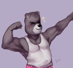  2023 anthro bear black_nose bunny0baby clothing eyes_closed hi_res humanoid_hands male mammal sargento_caricias shirt simple_background solo topwear underwear unicorn_wars 