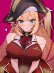  1girl akai_haato black_choker black_coat blonde_hair blue_eyes blush breasts choker cleavage coat cosplay covered_navel cropped_jacket frilled_choker frills hair_ribbon heart highres hololive houshou_marine houshou_marine_(1st_costume) houshou_marine_(cosplay) jacket large_breasts leotard leotard_under_clothes looking_at_viewer nokonata open_mouth pink_background red_coat red_jacket red_ribbon ribbon side_ponytail sleeveless sleeveless_jacket two-sided_coat two-sided_fabric virtual_youtuber 