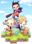  1girl 2boys :d belt black_hair blonde_hair blue_eyes chibi cloud club_(weapon) debris dragon_quest dragon_quest_builders_2 dress female_builder_(dqb2) gloves hair_ribbon hammer highres holding holding_hammer holding_weapon jewelry looking_at_viewer male_builder_(dqb2) mameko_minami multicolored_clothes multiple_boys necklace pants red_eyes ribbon running scarf sidoh_(dqb2) sitting sky slime_(dragon_quest) smile spiked_club teeth tooth_necklace twintails upper_teeth_only vest weapon yellow_footwear yellow_gloves 