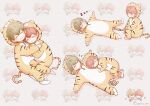  2boys animal_costume animal_print cuddling given highres hug light_green_hair male_focus multiple_boys raspberry_003 red_hair satou_mafuyu sleeping sleeping_on_person tail tail_pull tiger_costume tiger_print tiger_tail tile_background yaoi yuki_yoshida 