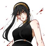  1girl bare_shoulders black_dress black_hair blood blood_on_arm blood_on_face blood_splatter breasts closed_mouth dress earrings flower gold_earrings gold_hairband hair_ornament hairband jewelry large_breasts long_hair ookaerin red_eyes sidelocks sleeveless solo spy_x_family yor_briar 
