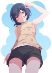  1girl absurdres arm_at_side arm_up armpits black_shorts blue_hair blush breasts closed_mouth cowboy_shot eito12 from_below hair_bun highres idolmaster idolmaster_shiny_colors looking_at_viewer looking_down morino_rinze navel orange_eyes shirt short_hair short_shorts shorts sleeveless sleeveless_shirt small_breasts smile solo yellow_shirt 