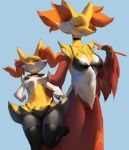  absurd_res anthro austinarts4 braixen breasts chest_tuft choker clothing delphox duo featureless_chest female fishnet_leggings flat_chested fur generation_6_pokemon hi_res inner_ear_fluff jewelry legwear lingerie multicolored_body multicolored_fur necklace nintendo pokemon pokemon_(species) red_body red_fur size_difference stick stockings thick_thighs thigh_highs thong tuft underwear yellow_body yellow_fur 