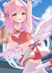  1girl :d alternate_costume angel_wings arm_up armpits azel_(laevateinn495) blue_archive blue_sky blunt_bangs blurry bow cloud cloudy_sky collarbone commentary_request depth_of_field feathered_wings hair_bow hair_bun hair_ornament hair_ribbon hair_scrunchie halo highres holding holding_pom_poms long_hair looking_at_viewer mika_(blue_archive) navel outdoors pink_hair pleated_skirt pom_pom_(cheerleading) red_skirt ribbon scrunchie shoes sidelocks single_side_bun skirt sky sleeveless smile sneakers solo standing standing_on_one_leg stomach thighhighs white_thighhighs white_wings wings yellow_eyes zettai_ryouiki 