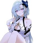  1girl awe_(adorableduckyy) bare_shoulders blue_hair breasts cleavage_cutout clothing_cutout crescent crescent_earrings dress earrings flower gloves griseo hair_flower hair_ornament highres honkai_(series) honkai_impact_3rd jewelry large_breasts purple_eyes white_dress white_gloves 