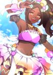  1girl bare_shoulders breasts bright_pupils brown_hair dark-skinned_female dark_skin dfhnokenbutu fire_emblem fire_emblem_engage hair_ornament highres jewelry long_hair looking_at_viewer medium_breasts navel open_mouth ponytail skirt smile solo star-shaped_pupils star_(symbol) symbol-shaped_pupils thighs timerra_(fire_emblem) very_dark_skin 